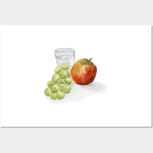 Red Apple, Green Grapes Painting Watercolor Glass of Water, Still life Painting, Art Kitchen Wall Art Posters and Art